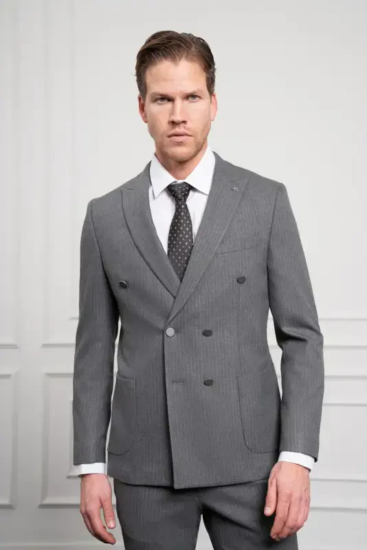 Modazone Men's Anthracite Trend Double Breasted Slim Fit Narrow Cut Pointed Collar Suit - 5