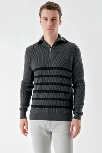 Modazone Men's Anthracite Trendy Striped Zippered Stand-Up Collar Dynamic Fit Comfort Fit Knitted Sweater - 1
