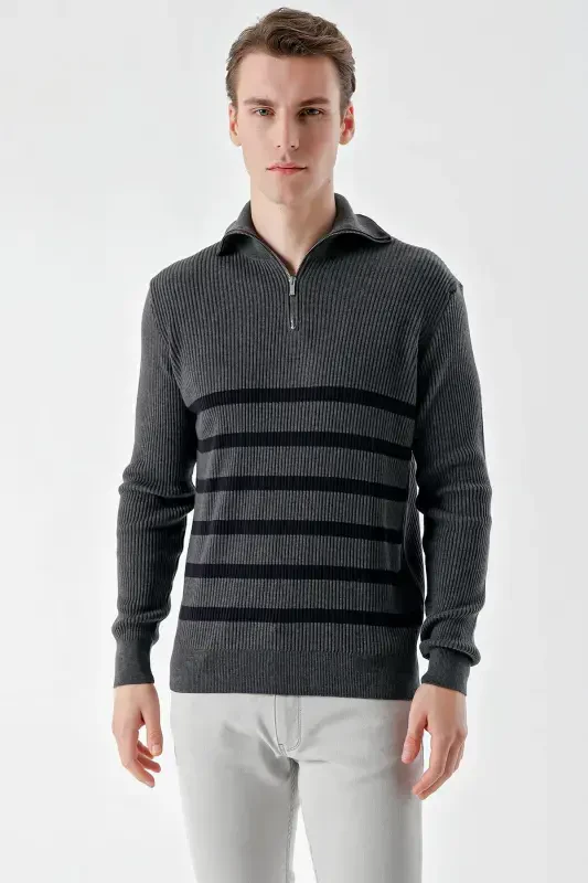 Modazone Men's Anthracite Trendy Striped Zippered Stand-Up Collar Dynamic Fit Comfort Fit Knitted Sweater - 1