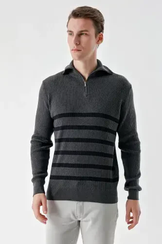 Modazone Men's Anthracite Trendy Striped Zippered Stand-Up Collar Dynamic Fit Comfort Fit Knitted Sweater - 2