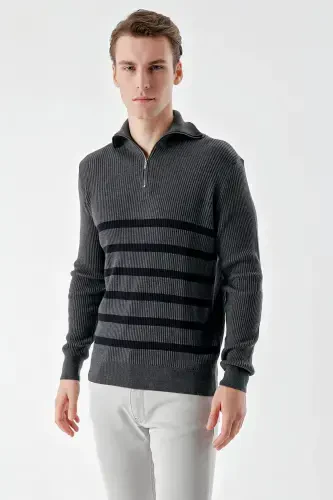 Modazone Men's Anthracite Trendy Striped Zippered Stand-Up Collar Dynamic Fit Comfort Fit Knitted Sweater - 3