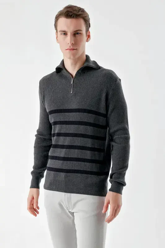 Modazone Men's Anthracite Trendy Striped Zippered Stand-Up Collar Dynamic Fit Comfort Fit Knitted Sweater - 3