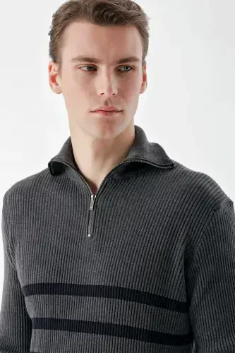 Modazone Men's Anthracite Trendy Striped Zippered Stand-Up Collar Dynamic Fit Comfort Fit Knitted Sweater - 4