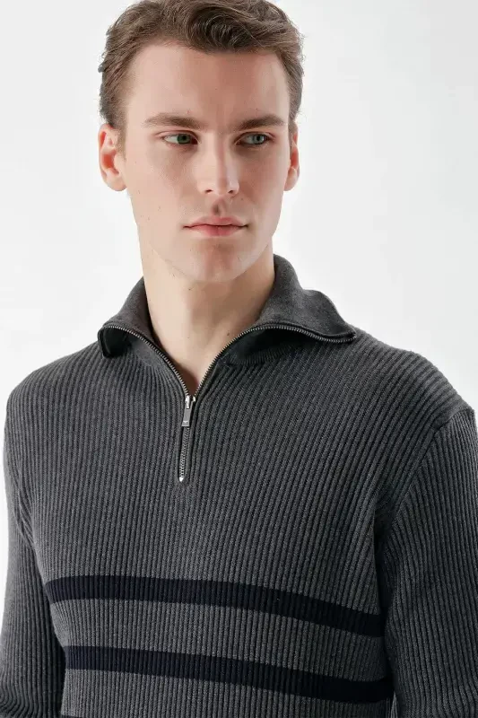 Modazone Men's Anthracite Trendy Striped Zippered Stand-Up Collar Dynamic Fit Comfort Fit Knitted Sweater - 4