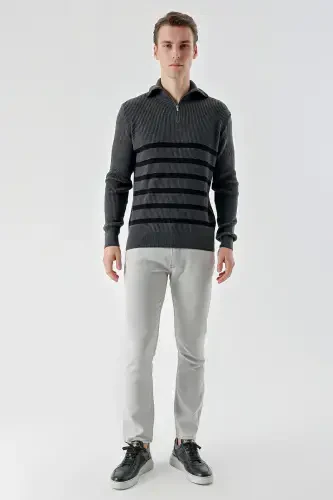 Modazone Men's Anthracite Trendy Striped Zippered Stand-Up Collar Dynamic Fit Comfort Fit Knitted Sweater - 5