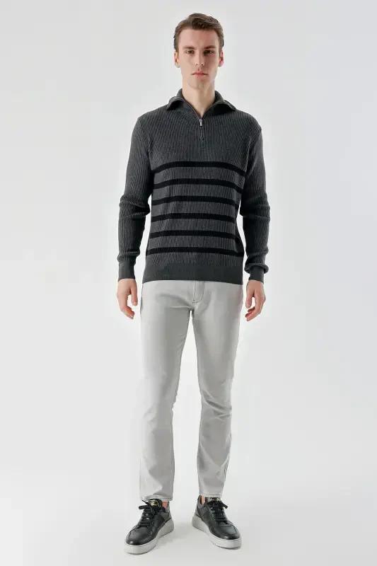 Modazone Men's Anthracite Trendy Striped Zippered Stand-Up Collar Dynamic Fit Comfort Fit Knitted Sweater - 5