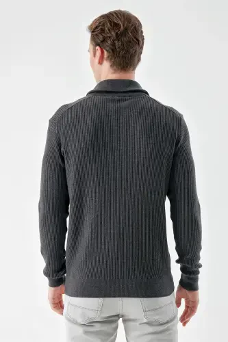 Modazone Men's Anthracite Trendy Striped Zippered Stand-Up Collar Dynamic Fit Comfort Fit Knitted Sweater - 6