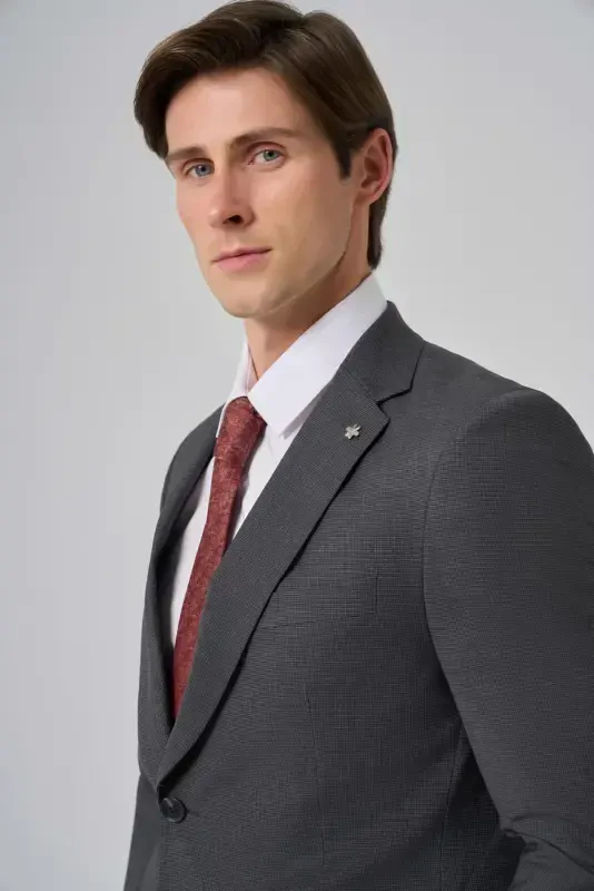 Modazone Men's Anthracite Wool Blend Trendy Patterned Dynamic Fit Suit - 3