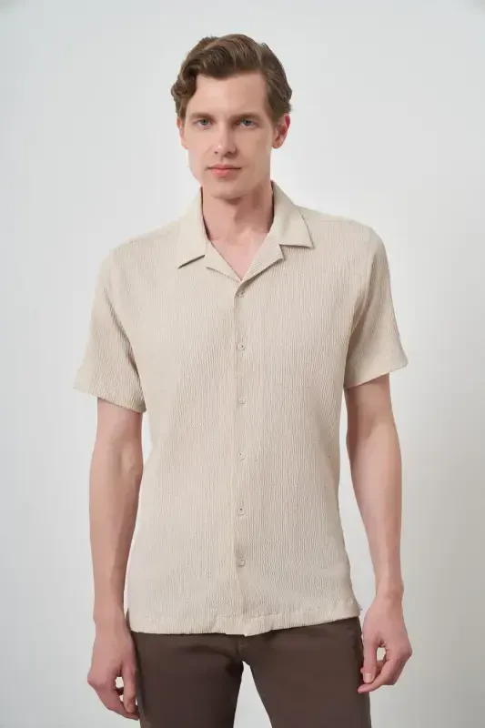 Modazone Men's Beige Apache Collar Short Sleeve Shirt - 1