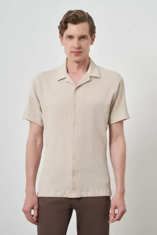 Modazone Men's Beige Apache Collar Short Sleeve Shirt - 3