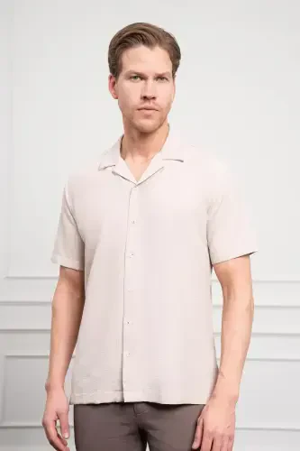 Modazone Men's Beige Apache Collar Short Sleeve Shirt 