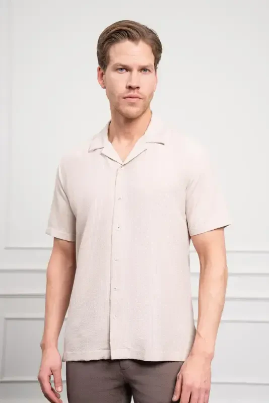 Modazone Men's Beige Apache Collar Short Sleeve Shirt - MORVEN