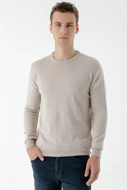 Modazone Men's Beige Basic Crew Neck Dynamic Fit Comfort Fit Knitwear - 3