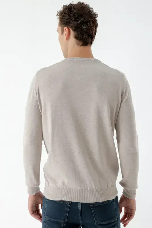 Modazone Men's Beige Basic Crew Neck Dynamic Fit Comfort Fit Knitwear - 6