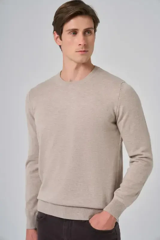 Modazone Men's Beige Basic Crew Neck Dynamic Fit Comfort Fit Knitwear - MORVEN