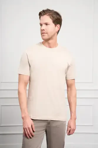 Modazone Men's Beige Basic Crew Neck Dynamic Fit Cotton T-Shirt - 4