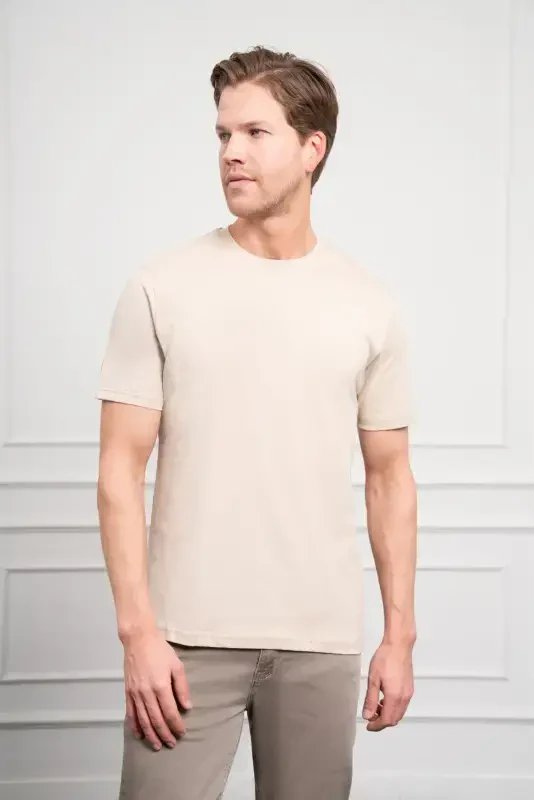 Modazone Men's Beige Basic Crew Neck Dynamic Fit Cotton T-Shirt - 4