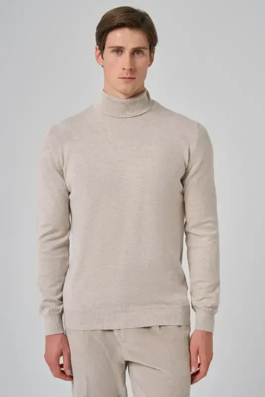 Modazone Men's Beige Basic Turtleneck Dynamic Fit Comfort Fit Knitted Sweater - 3