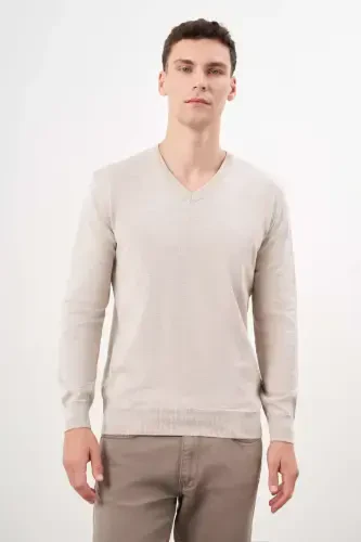 Modazone Men's Beige Basic V-Neck Dynamic Fit Relaxed Fit Knitwear - 2