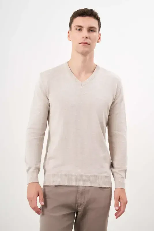Modazone Men's Beige Basic V-Neck Dynamic Fit Relaxed Fit Knitwear - 2