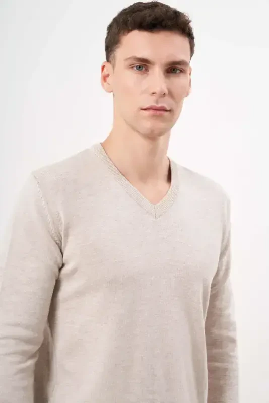 Modazone Men's Beige Basic V-Neck Dynamic Fit Relaxed Fit Knitwear - 3