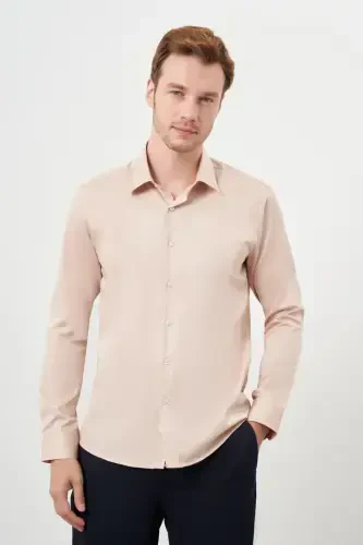 Modazone Men's Beige Cotton Plain Pattern Hard Collar Slim Fit Shirt - 1
