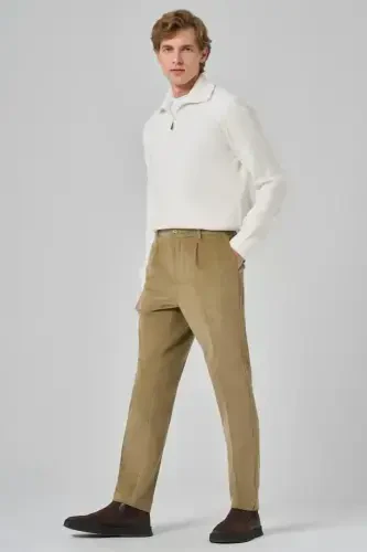 Modazone Men's Beige Cotton Trend Corduroy Elastic Waist Slim Fit Trousers - 2