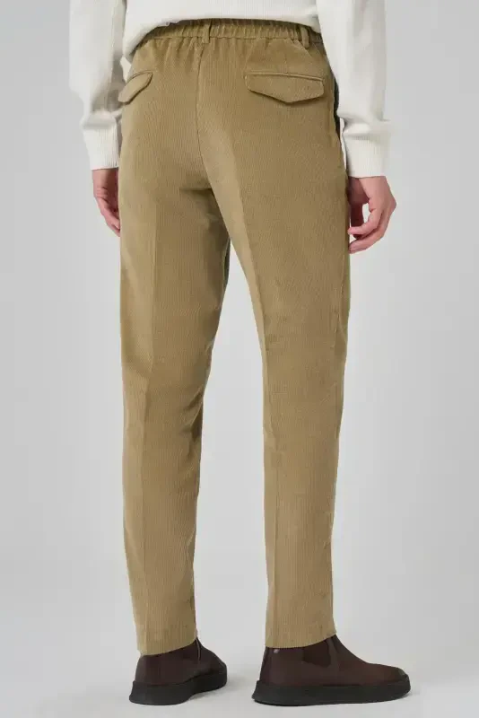 Modazone Men's Beige Cotton Trend Corduroy Elastic Waist Slim Fit Trousers - 5