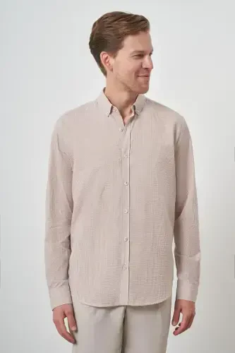 Modazone Men's Beige Cotton Trend Dynamic Fit Button-Down Collar Shirt - 3