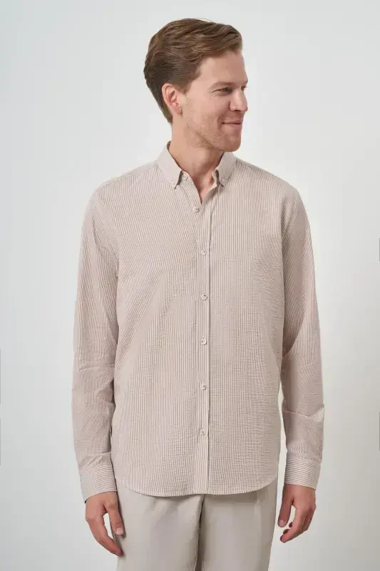Modazone Men's Beige Cotton Trend Dynamic Fit Button-Down Collar Shirt - 3