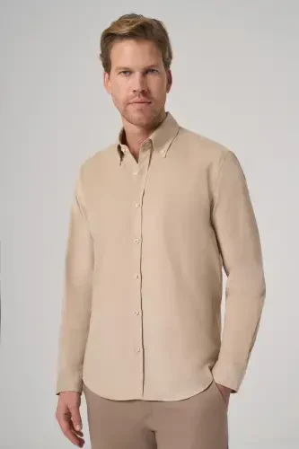 Modazone Men's Beige Cotton Trend Dynamic Fit Button-Down Collar Shirt - 1