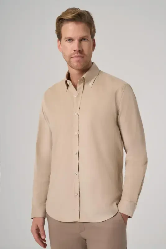 Modazone Men's Beige Cotton Trend Dynamic Fit Button-Down Collar Shirt - 1