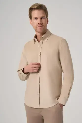 Modazone Men's Beige Cotton Trend Dynamic Fit Button-Down Collar Shirt - 3