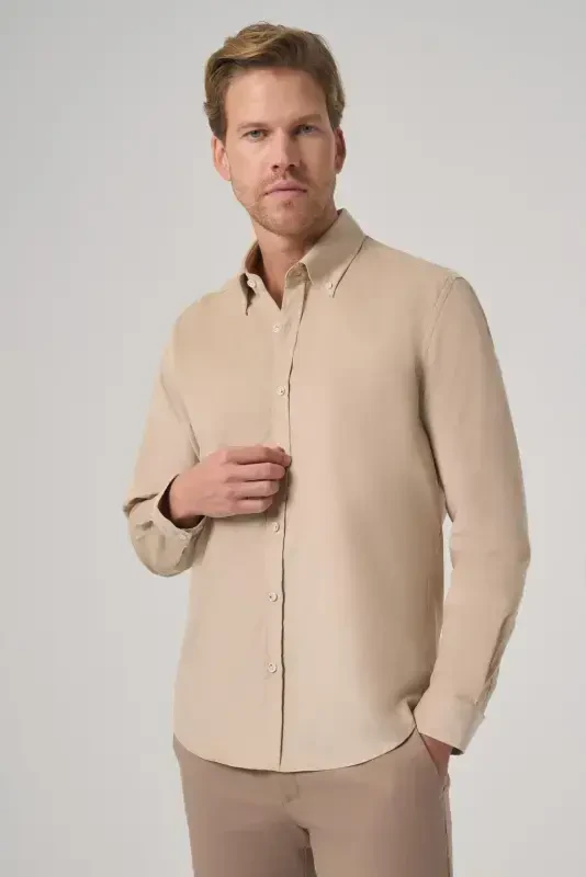 Modazone Men's Beige Cotton Trend Dynamic Fit Button-Down Collar Shirt - 3