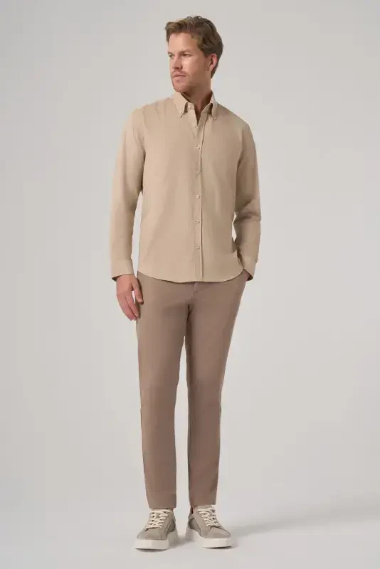 Modazone Men's Beige Cotton Trend Dynamic Fit Button-Down Collar Shirt - 4