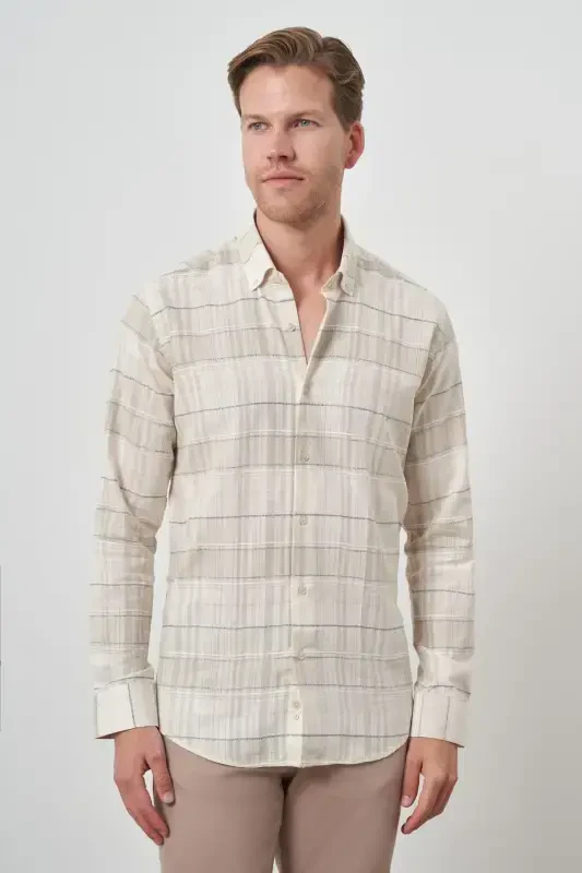 Modazone Men's Beige Cotton Trend Panelled Dynamic Fit Shirt - MORVEN