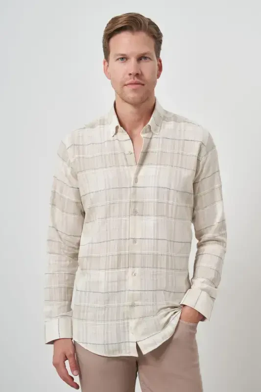 Modazone Men's Beige Cotton Trend Panelled Dynamic Fit Shirt - 3