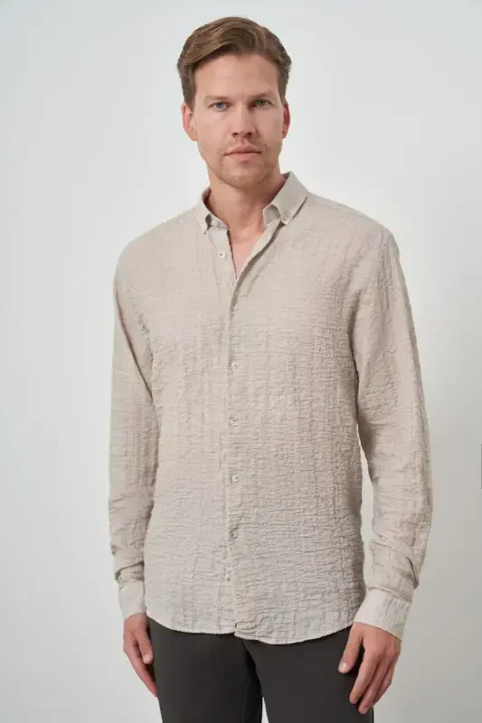 Modazone Men's Beige Cotton Trend Slim Fit Button-Down Collar Shirt - MORVEN