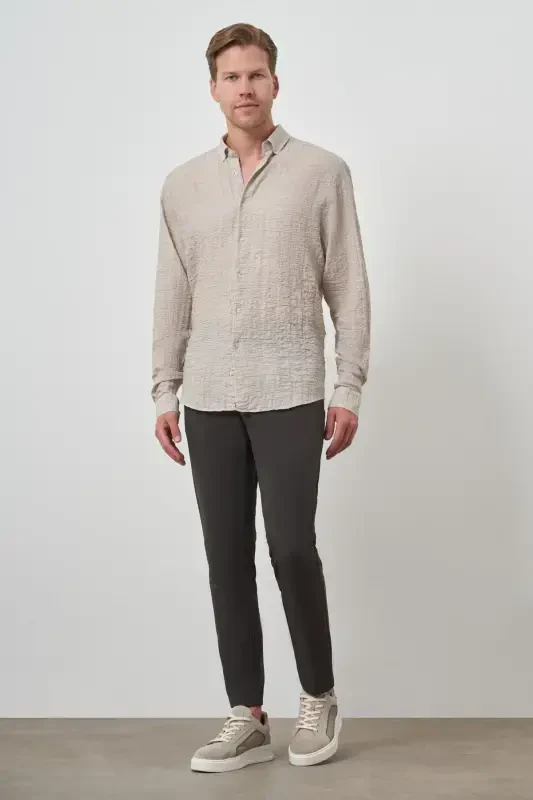 Modazone Men's Beige Cotton Trend Slim Fit Button-Down Collar Shirt - 2