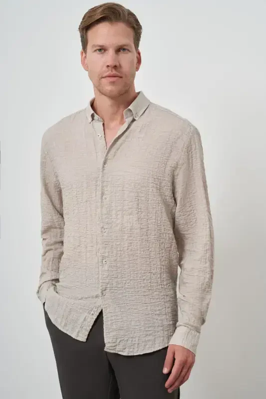 Modazone Men's Beige Cotton Trend Slim Fit Button-Down Collar Shirt - 4