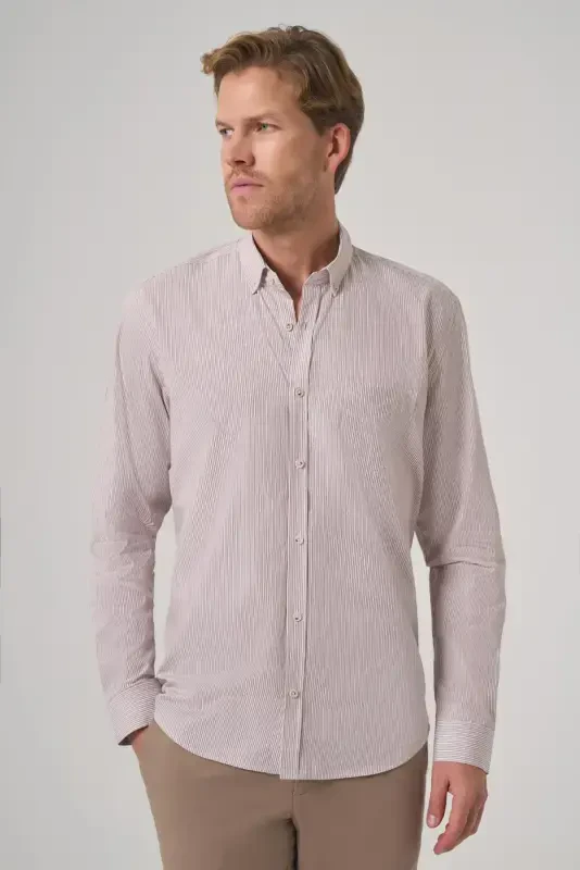 Modazone Men's Beige Cotton Trend Striped Dynamic Fit Button-Down Collar Shirt - 1