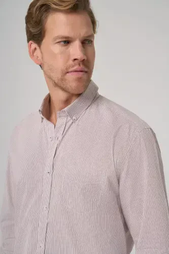 Modazone Men's Beige Cotton Trend Striped Dynamic Fit Button-Down Collar Shirt - 2