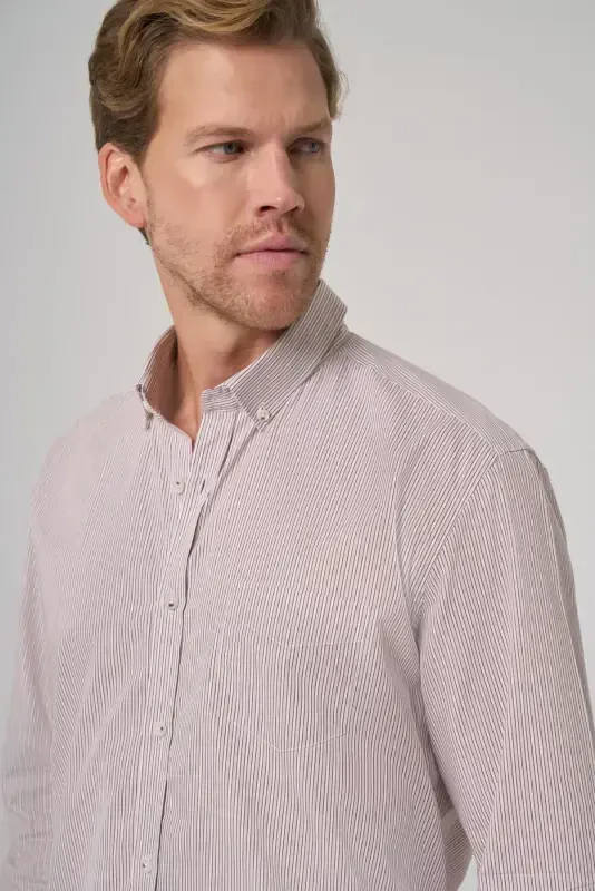 Modazone Men's Beige Cotton Trend Striped Dynamic Fit Button-Down Collar Shirt - 2