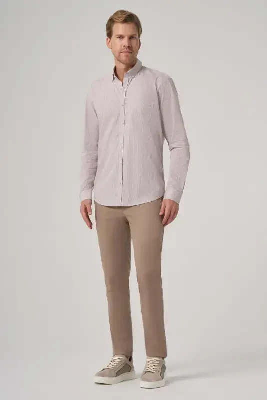 Modazone Men's Beige Cotton Trend Striped Dynamic Fit Button-Down Collar Shirt - 3