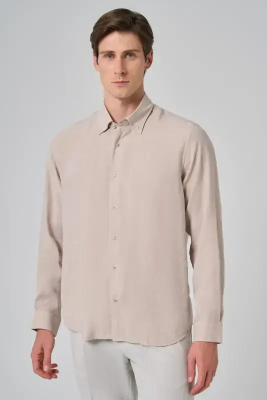 Modazone Men's Beige Dynamic Fit Button-Down Collar Modal Shirt - 1