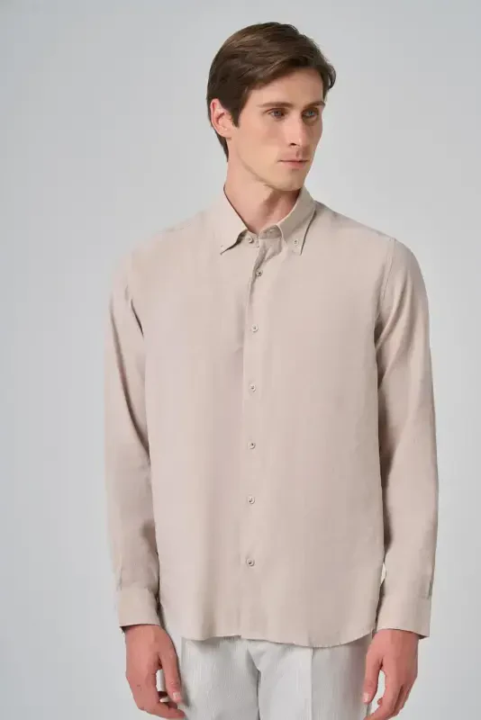 Modazone Men's Beige Dynamic Fit Button-Down Collar Modal Shirt - 2