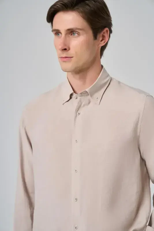 Modazone Men's Beige Dynamic Fit Button-Down Collar Modal Shirt - 3