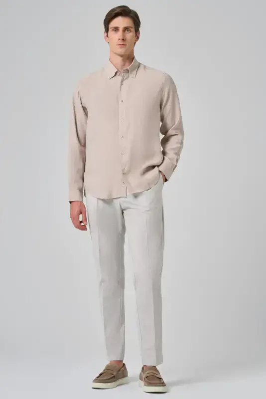 Modazone Men's Beige Dynamic Fit Button-Down Collar Modal Shirt - 4