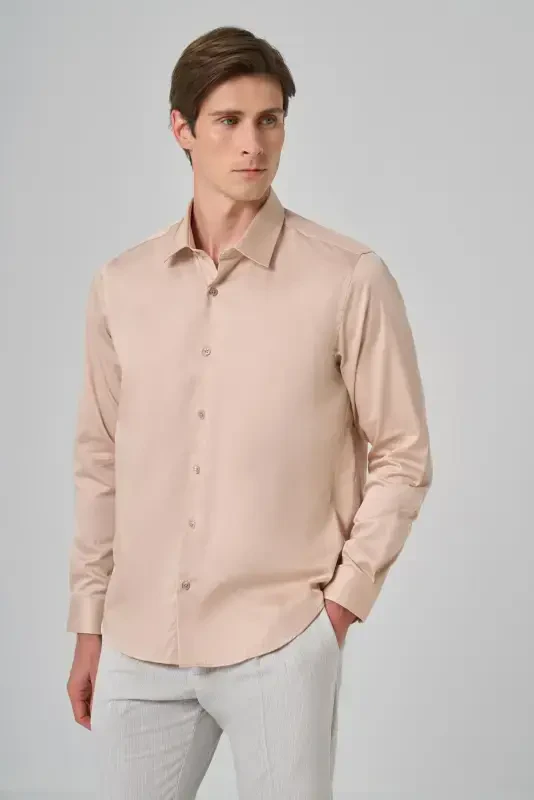 Modazone Men's Beige Dynamic Fit Stiff Collar Shirt - 1