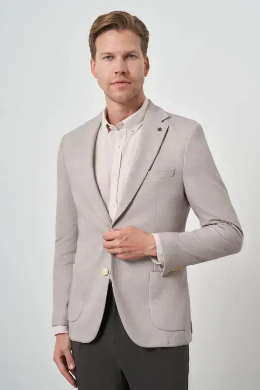 Modazone Men's Beige Knitted Patterned Slim Fit Mono Collar Jacket - 1